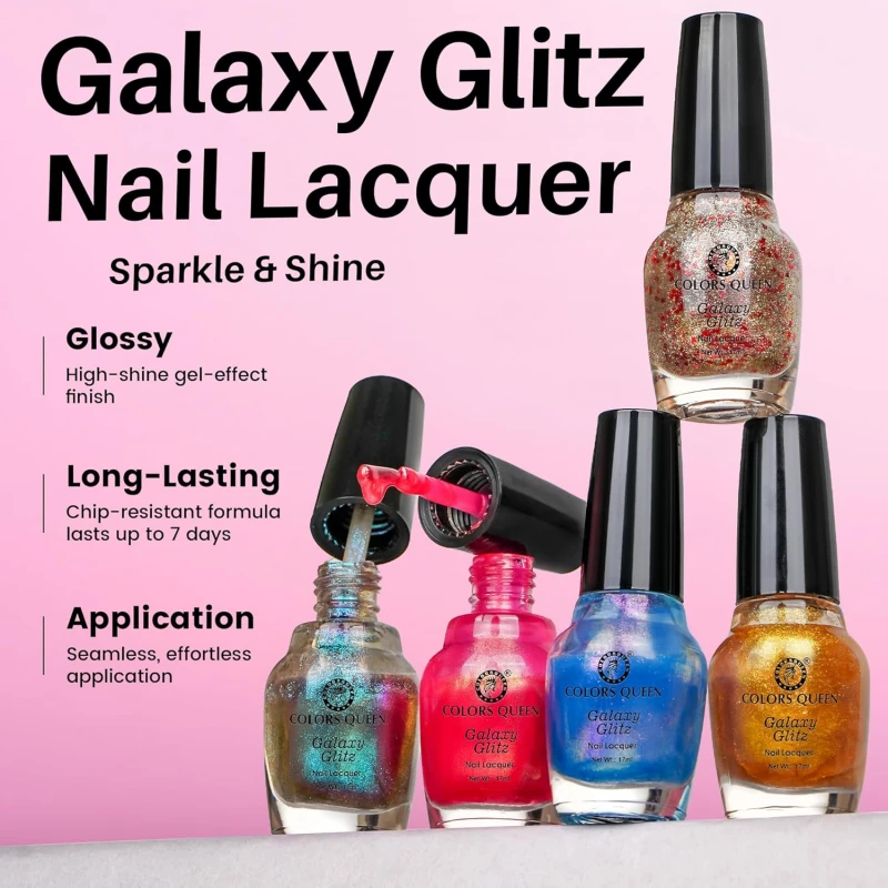 Colors Queen Galaxy Glitz Nail Lacquer | Glossy Nail Polish | Long Lasting | Chip Resisting Formula, Effortless Application | Vegan and Cruelty Free (118 - Flamingo Flirt, 17ml) thumbnail 3